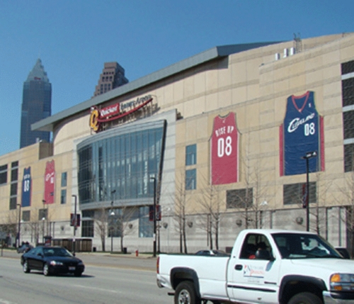 Four Cavs GIANT Jerseys on the Quicken Loans Arena